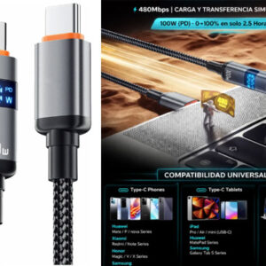 cable usb c a c pd 100w carga rápida con display digital