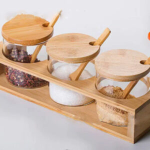 frasco de vidrio con tapa bamboo y cucharita bamboo x3